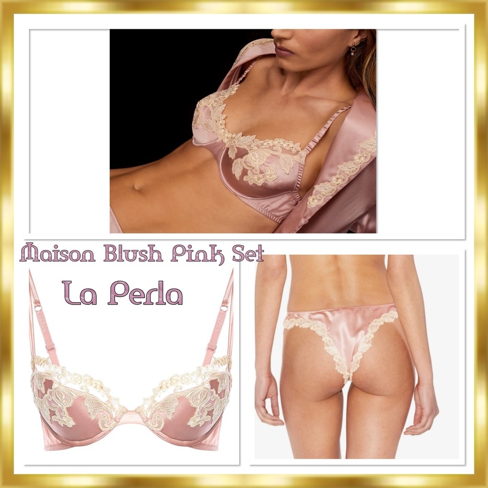 La Perla Maison Blush Pink Silk Satin Embroidered Frastaglio Applique SET 36C-Sm